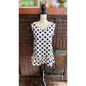 Bo Bel White & Navy Blue Polka Dot Ruffle Hem Sleeveless Blouse Size Small